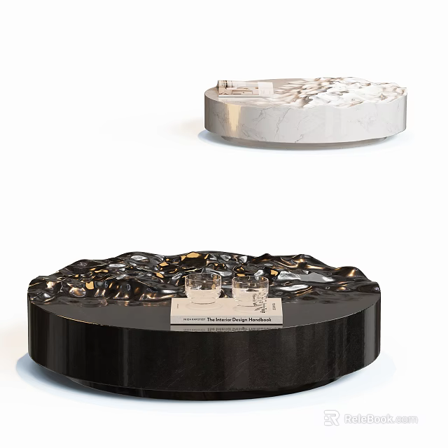 Round Coffee Table With Black And White Marble Textured Surface And Decorative Items 3d model