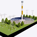 Industrial Tower Surrounded By Solar Panels Trees Power Lines And Buildings