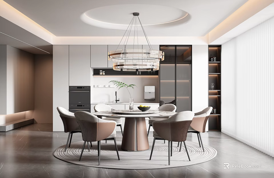 Modern Restaurant Interior With Round Dining Table Beige Chairs Pendant Light And Cabinets 3d model
