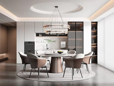 Modern Restaurant Interior With Round Dining Table Beige Chairs Pendant Light And Cabinets 3d model