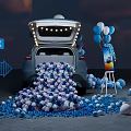 Car With Open Trunk And Blue White Balloons Display Scene