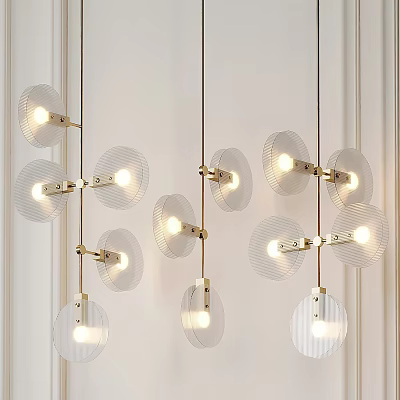 Modern Pendant Lights With Circular Glass Shades And Golden Metal Frames Illuminated 3d model