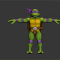 Ninja Turtle Character With Green Body Yellow Shell Purple Headband White Emblem And Orange Staff