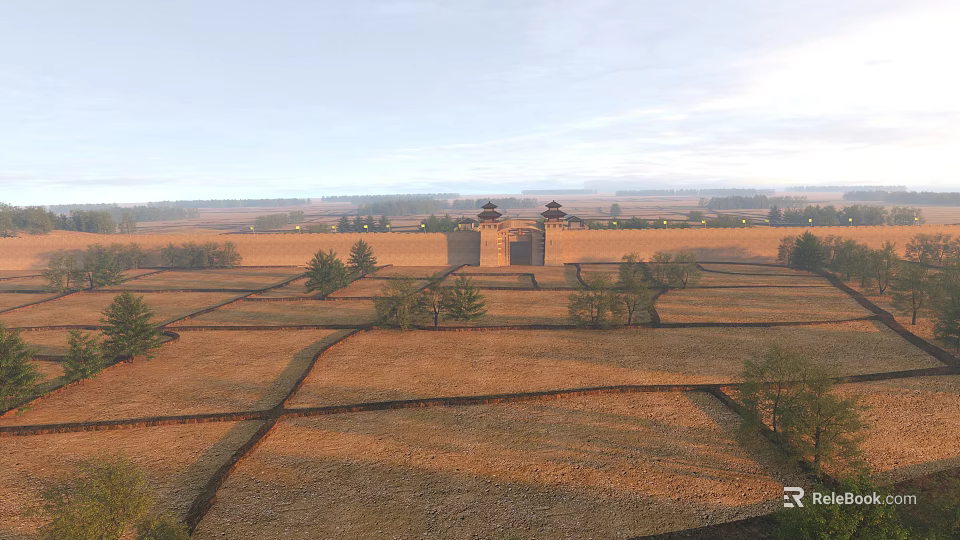 Ancient Fortress Architecture In Vast Fields With Surrounding Trees And Soft Dawn Light 3d model 