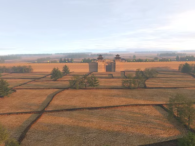 Ancient Fortress Architecture In Vast Fields With Surrounding Trees And Soft Dawn Light 3d model