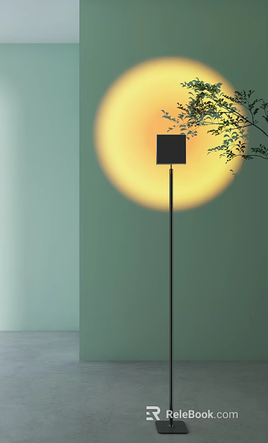 Modern Black Floor Lamp With Sleek Design And Soft Background Light Near Green Leaves 3d model 