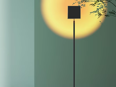Modern Black Floor Lamp With Sleek Design And Soft Background Light Near Green Leaves 3d model