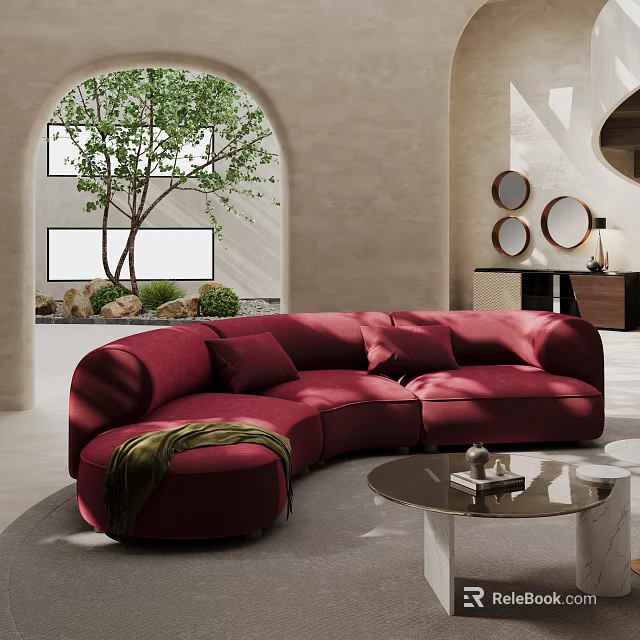 Red Unique Shaped Sofa In Modern Interior With Arched Window Round Mirrors And Coffee Table 3d model 