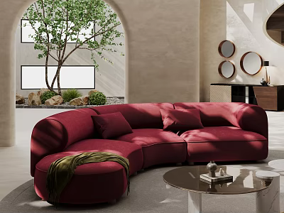 Red Unique Shaped Sofa In Modern Interior With Arched Window Round Mirrors And Coffee Table 3d model
