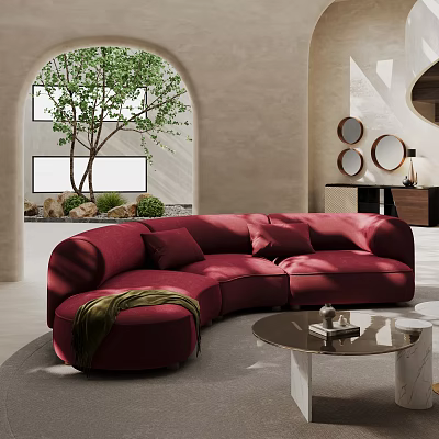 Red Unique Shaped Sofa In Modern Interior With Arched Window Round Mirrors And Coffee Table 3d model
