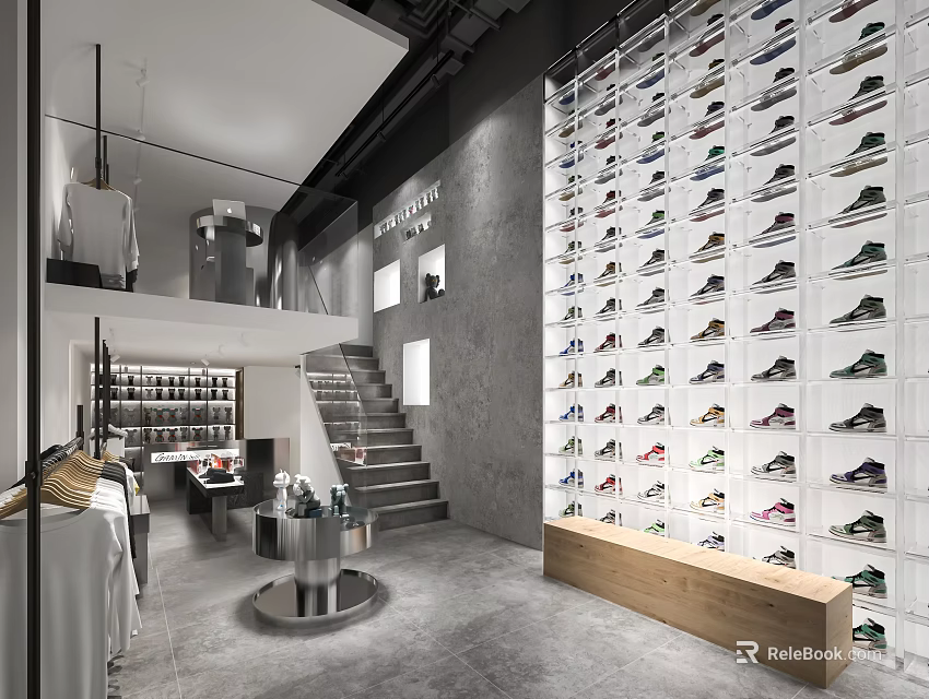 Modern Clothing Store Interior With Wall of Displayed Shoes Staircase And Clothing Displays 3d model 