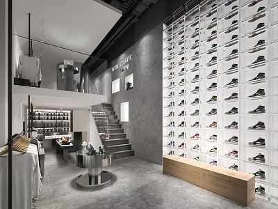 Modern Clothing Store Interior With Wall of Displayed Shoes Staircase And Clothing Displays 3d model