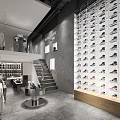 Modern Clothing Store Interior With Wall of Displayed Shoes Staircase And Clothing Displays