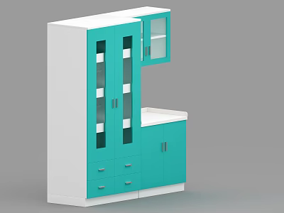 Infusion Room Storage Cabinet With Teal And White Glass Doors And Drawers 3d model