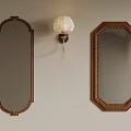 Oval And Octagonal Mirrors With Wooden Frames And Wall Lamp On Beige Wall 3d model