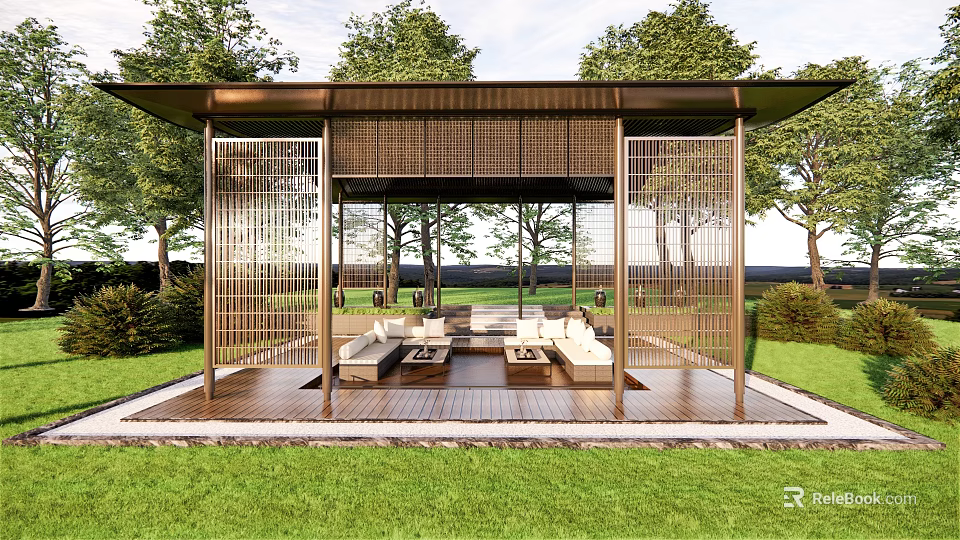 Outdoor Pavilion With Wooden Structure Sofas Coffee Table And Green Lawn Surrounded By Trees 3d model 