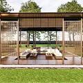 Outdoor Pavilion With Wooden Structure Sofas Coffee Table And Green Lawn Surrounded By Trees