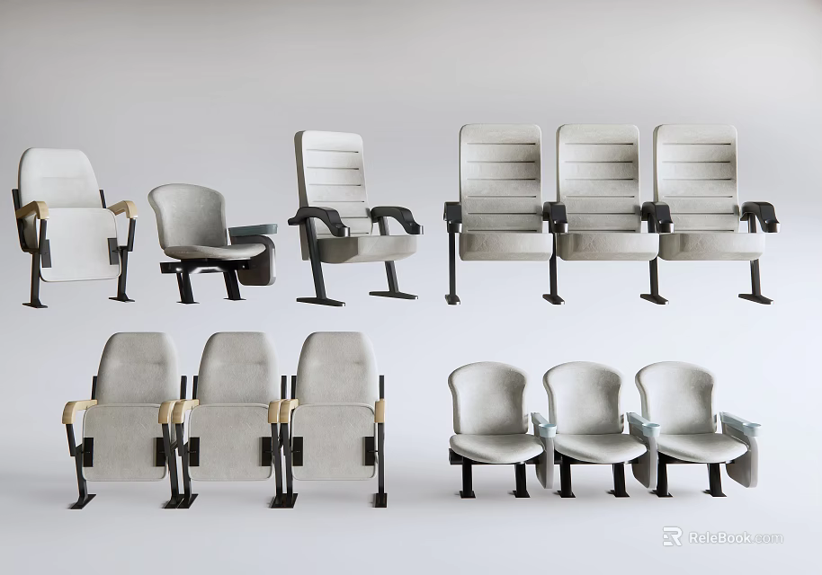 Public Chairs With Various Designs Metal Frame And Gray Fabric Seats 3d model 