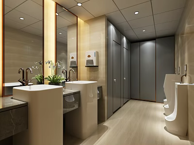 Modern Public Restroom Interior Design With Washbasins Mirrors And Private Stalls 3d model