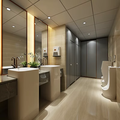 Modern Public Restroom Interior Design With Washbasins Mirrors And Private Stalls 3d model