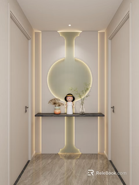 Modern Entryway Hallway Interior With Round Mirror Lighting Accents And Decorative Shelf 3d model 