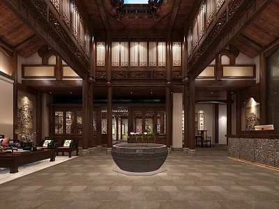 Traditional Chinese Style Hotel Lobby With High Ceiling Wooden Structures And Central Stone Basin 3d model