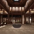 Traditional Chinese Style Hotel Lobby With High Ceiling Wooden Structures And Central Stone Basin