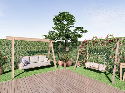 Cozy Garden Decor With Wooden Deck Green Hedge Wall Swings And Roses 3d model