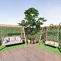 Cozy Garden Decor With Wooden Deck Green Hedge Wall Swings And Roses