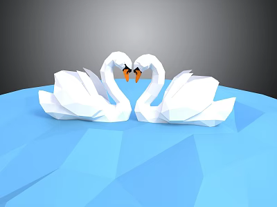White Origami Swan Decorations With Heart Shaped Necks On Blue Polygon Background 3d model