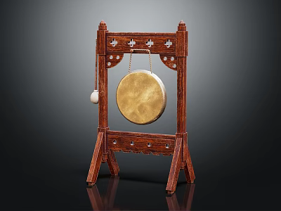 Traditional Chinese Gong Musical Instrument With Handcrafted Wooden Frame And Hanging Mallet 3d model