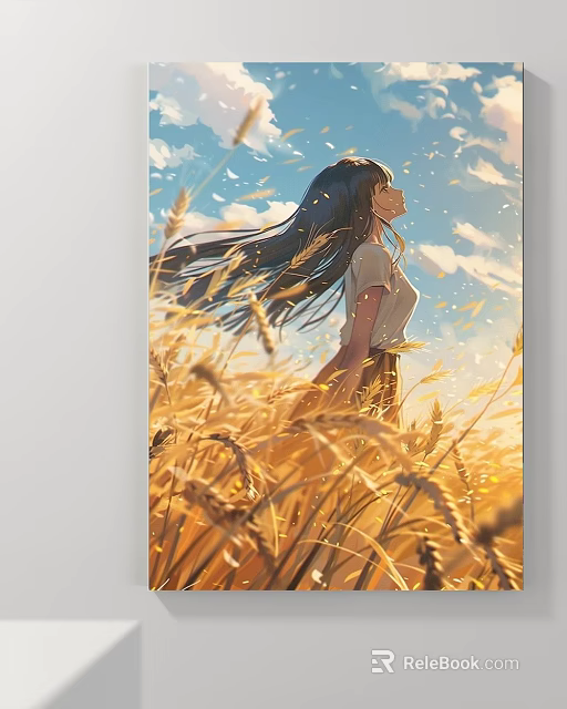 Landscape Painting Of Wheat Field Girl With Long Hair Blue Sky White Clouds Wind Blowing 3d model 