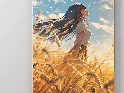 Landscape Painting Of Wheat Field Girl With Long Hair Blue Sky White Clouds Wind Blowing 3d model