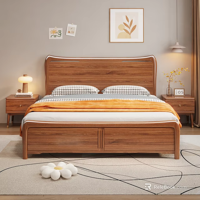 Cozy Bedroom Interior With Wooden Bed Checkered Pillows Nightstands Table Lamps Wall Art And Rug 3d model 