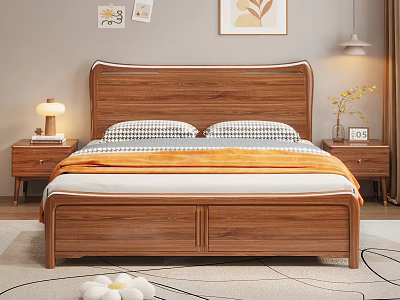 Cozy Bedroom Interior With Wooden Bed Checkered Pillows Nightstands Table Lamps Wall Art And Rug 3d model