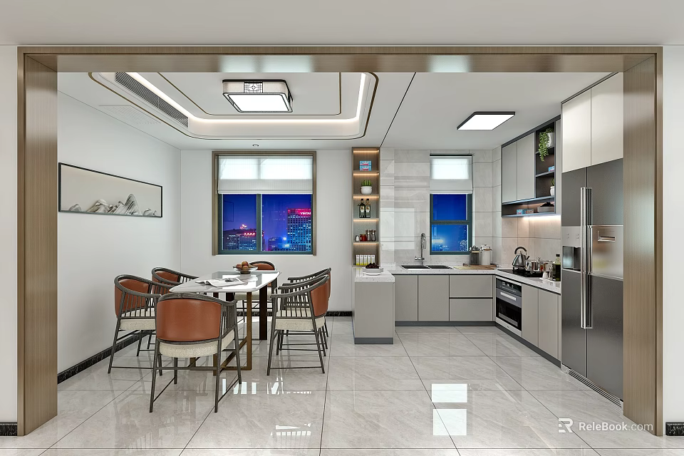Modern Restaurant Interior With Open Concept Kitchen Dining Table Chairs And Night View 3d model 