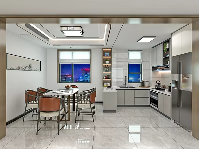 Modern Restaurant Interior With Open Concept Kitchen Dining Table Chairs And Night View 3d model