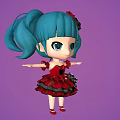 Cartoon Girl With Teal Pigtails Red Bow And Red Black Dress On Purple Background