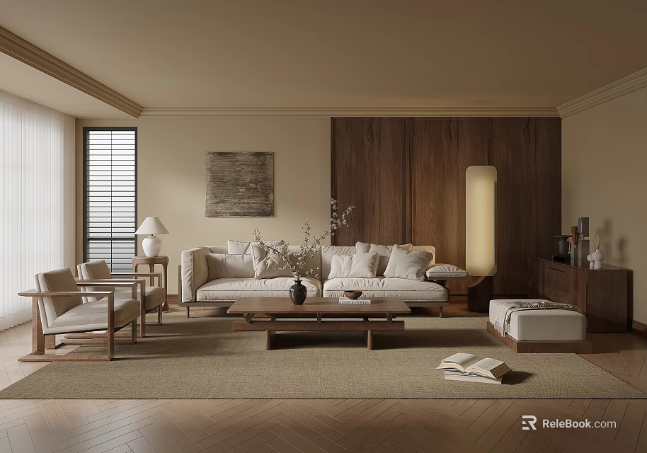Minimalist Living Room Interior With Neutral Tones Wooden Accents And Cozy Sofa 3d model 