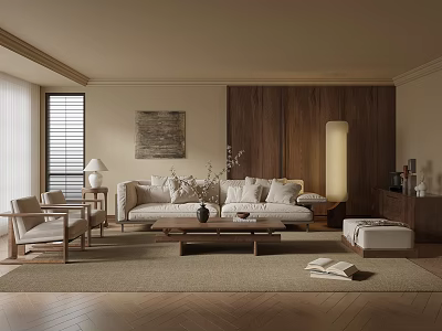 Minimalist Living Room Interior With Neutral Tones Wooden Accents And Cozy Sofa 3d model