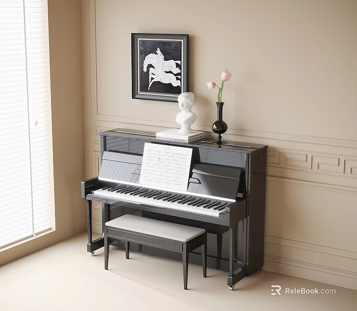 Black Piano With Sheet Music Framed Painting And White Statue In Bright Room With Window 3d model 