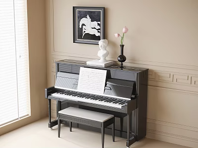 Black Piano With Sheet Music Framed Painting And White Statue In Bright Room With Window 3d model