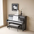 Black Piano With Sheet Music Framed Painting And White Statue In Bright Room With Window