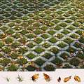 Green Grass Grid Pattern Garden Landscape With Pebbles And Fallen Leaves 3d model