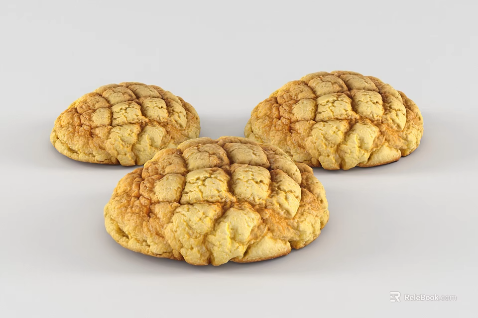 Three Golden Baked Cookies With Crusty Surface And Flaky Texture 3d model 