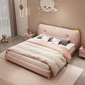 Pink Kids Bed With Curved Gold Headboard Moon Crown Smiling Face Stars Cloud Wall Decor