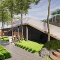 Modern School Building Outdoor Playground With Slides Stairs Greenery And Kids Area