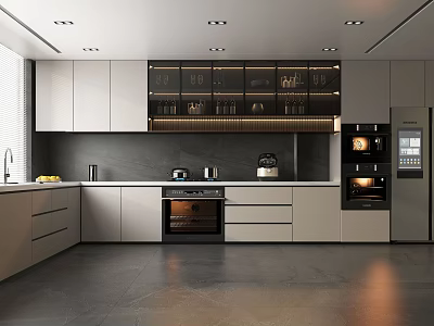 Modern Kitchen Interior With Light Gray Cabinets Dark Countertop And Built In Appliances 3d model