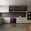 Modern Kitchen Interior With Light Gray Cabinets Dark Countertop And Built In Appliances