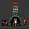 Blacksmith Workshop Stone Fireplace With Anvil Wooden Stump Chair And Burning Flame
